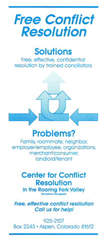 Brochure: Free Conflict Resolution. Logo by Jerry Begly